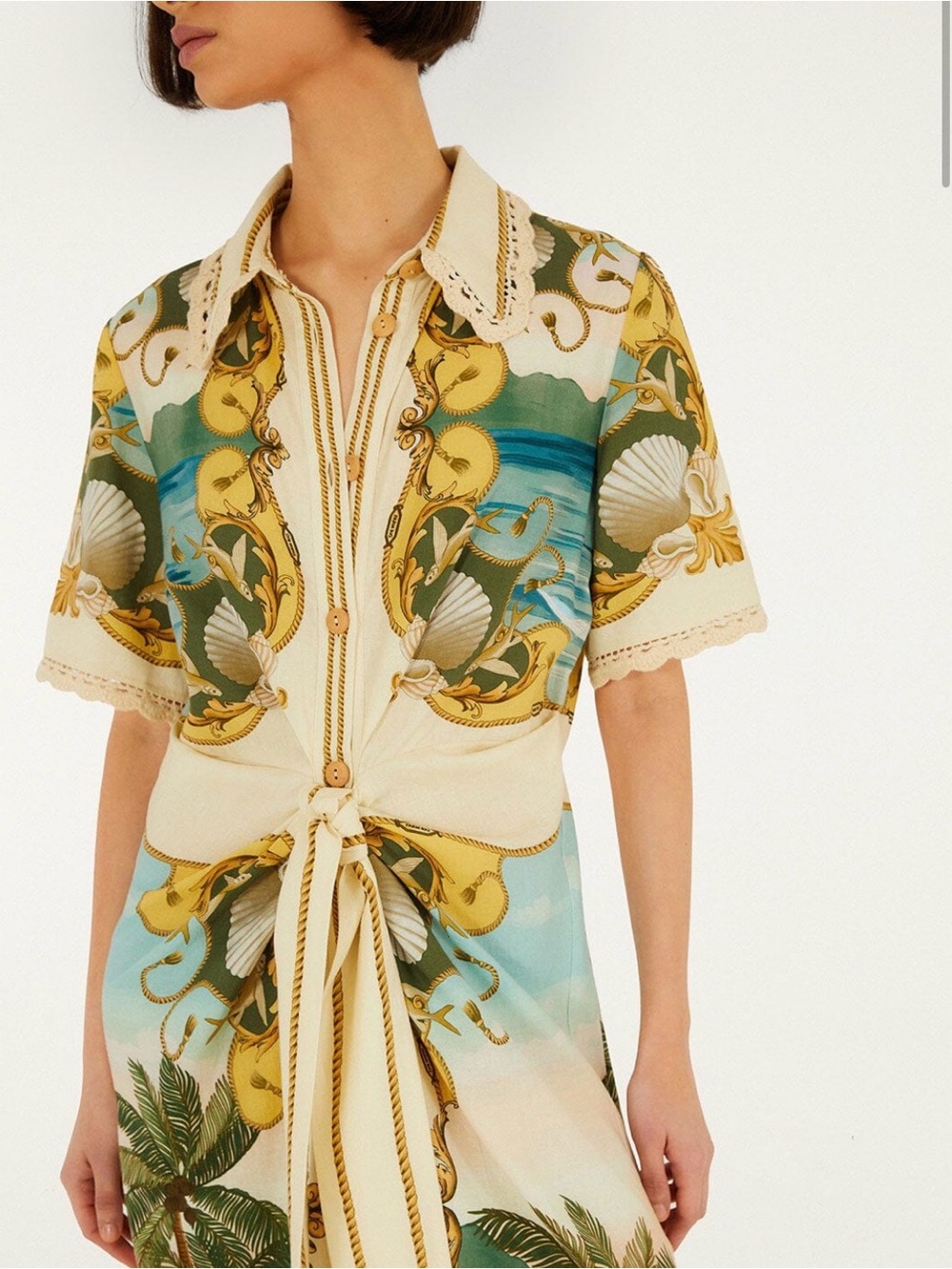 FARM Rio Cream, Green & Blue Coastal-Print Tie-Front Midi Dress